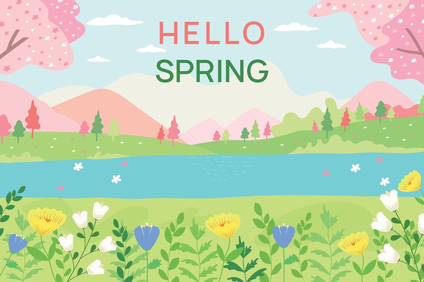 primavera paisaje. vector primavera antecedentes. Hola primavera.