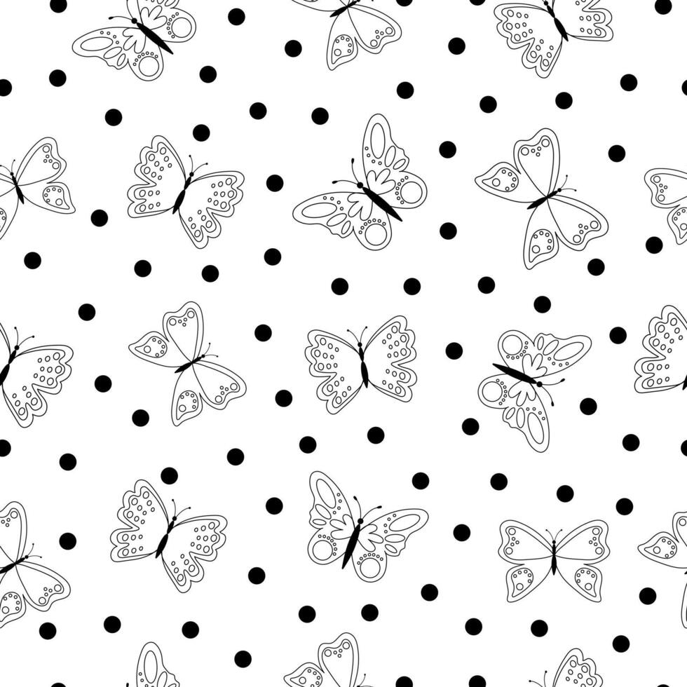 Seamless polka dot pattern with butterflies in black and white colors. vector