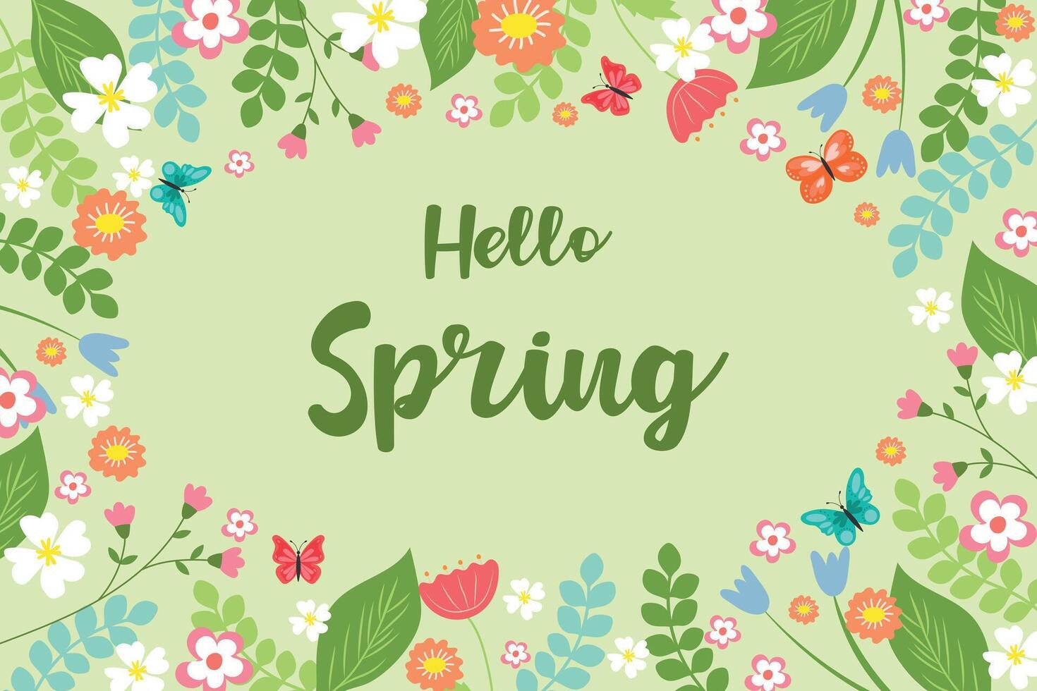 Spring banner background vector illustration. Frame of beautiful spring flowers on a soft green background. Hi spring.
