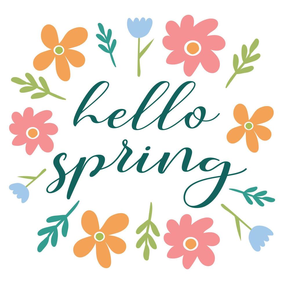 Hand drawn colorful designs with Hello Spring text, flowers. vector