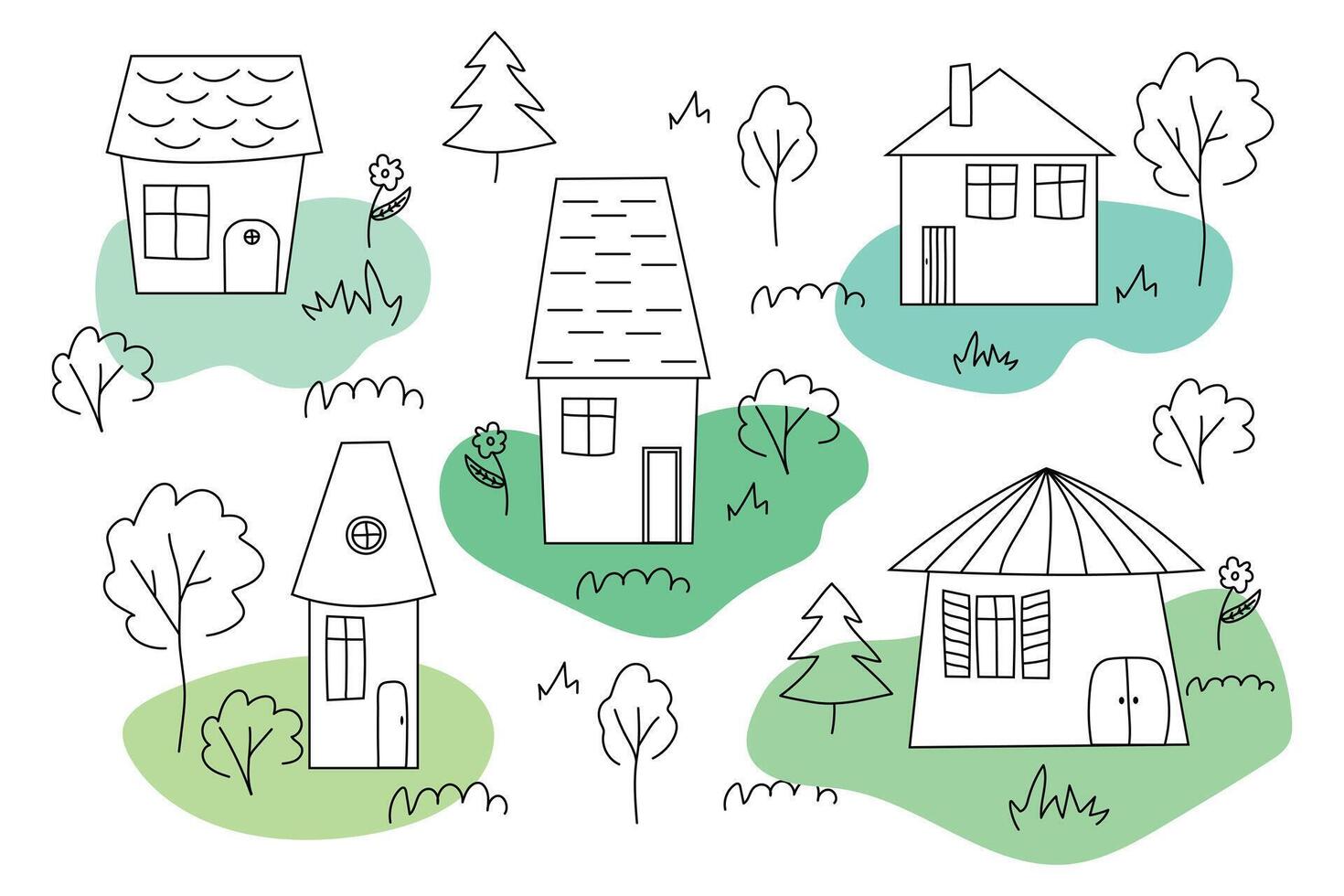 A set of houses of various shapes. Illustration of village houses. Children's lustration. Black and white houses and trees. vector