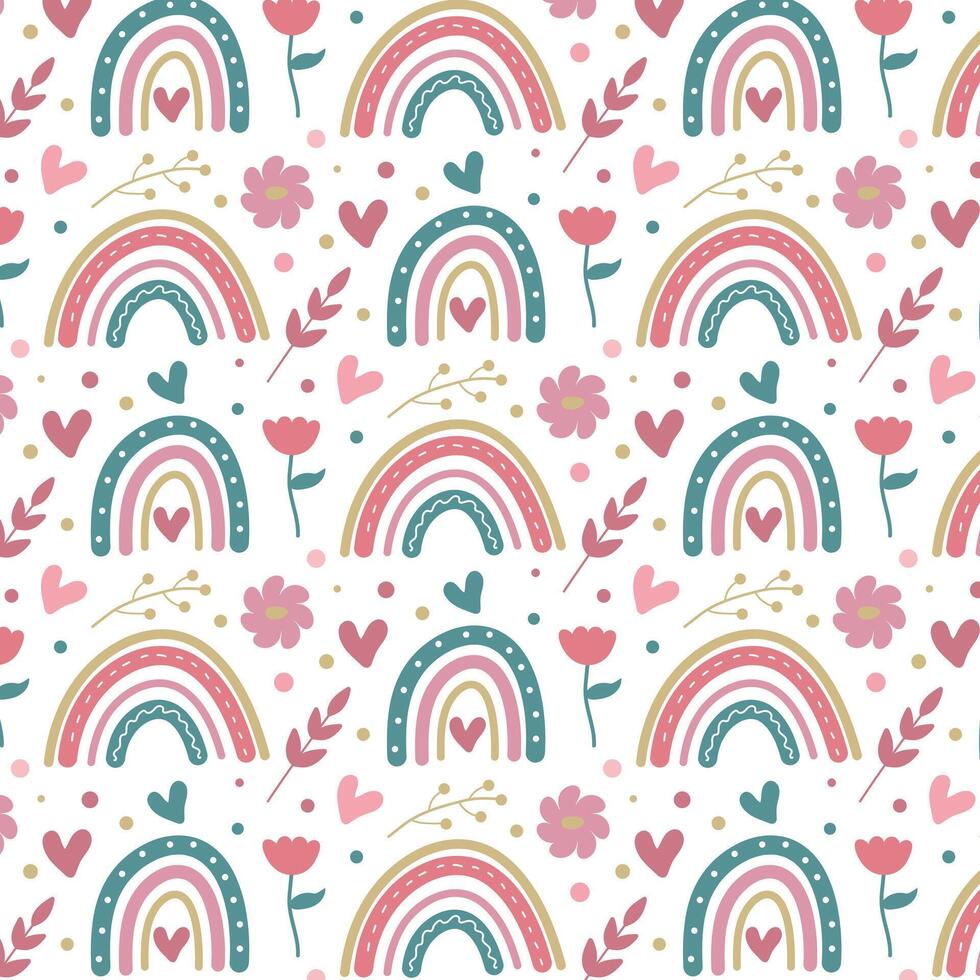 Rainbow background with rainbows and flowers in Scandinavian style. vector