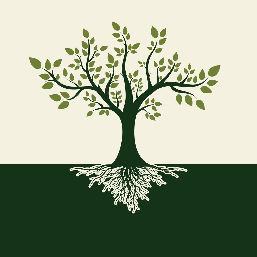 ilustración de un verde árbol diseño con denso hojas y raíces. vector