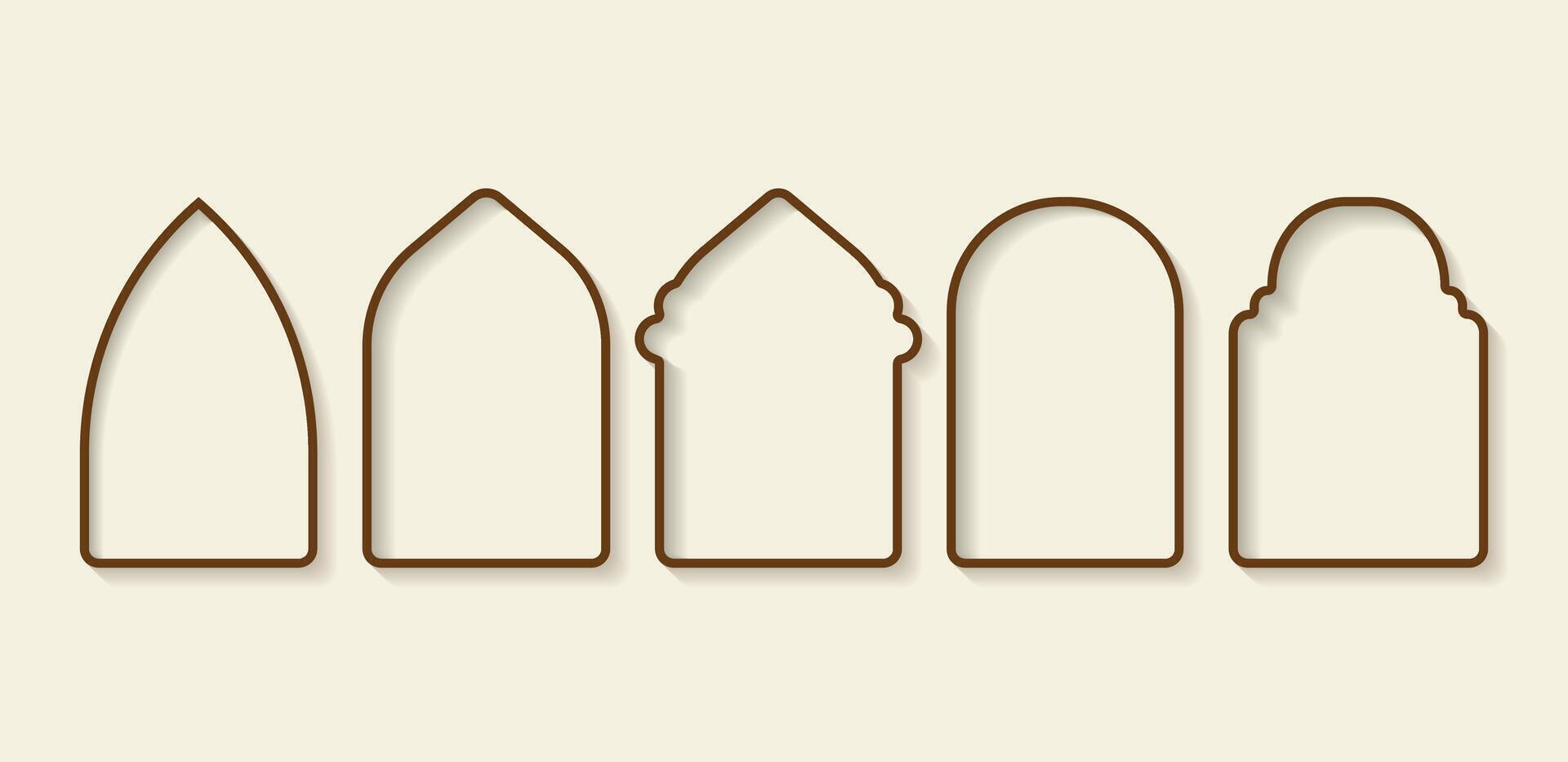 conjunto aislado dorado Arábica arco o islámico ventana. representación de islámico arquitectónico formas para musulmán vacaciones. diseño elementos de puertas, marcos, ventanas vector
