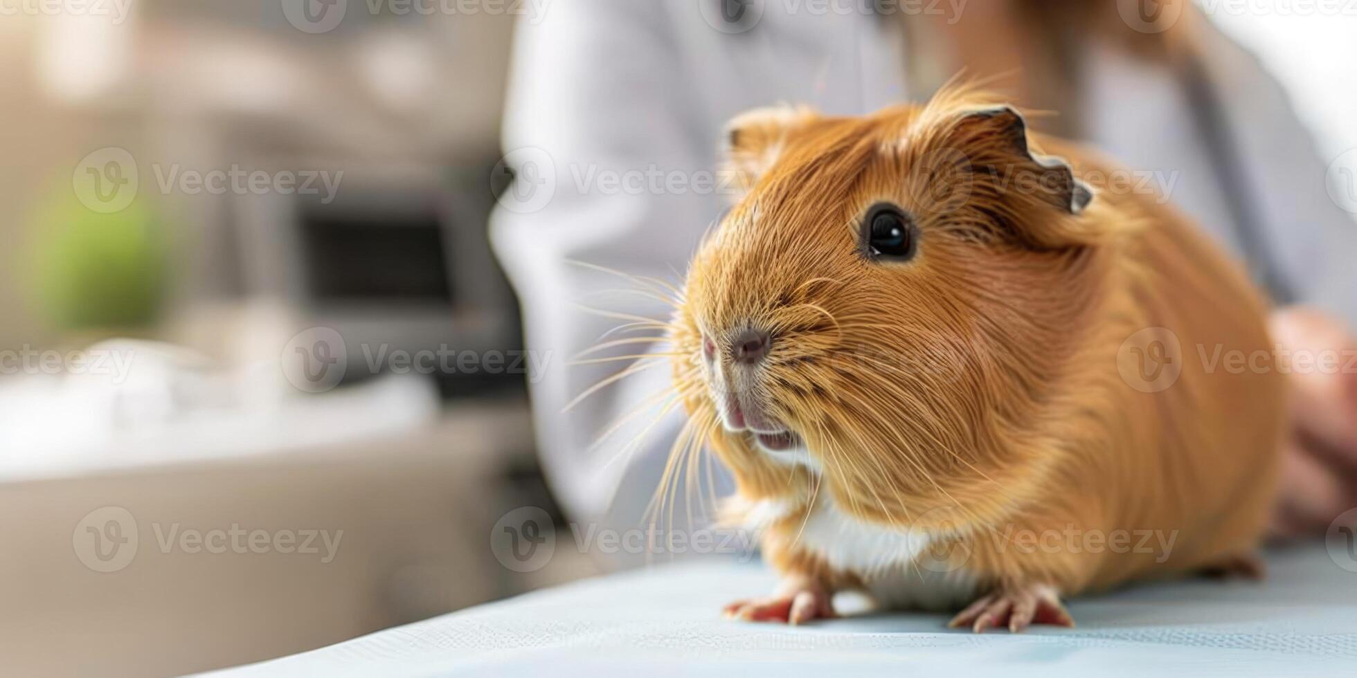 AI generated Generative AI, cute small guinea pig on the table being examined by professional veterinarian in vet clinic photo