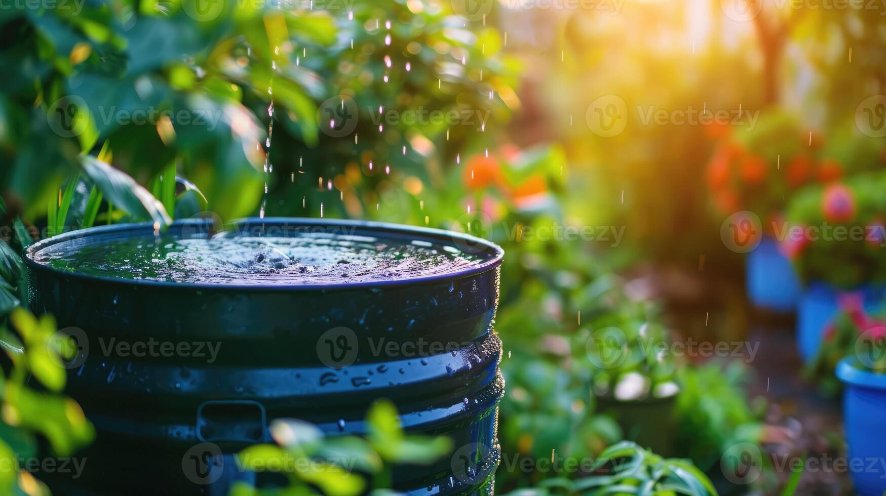 AI generated Generative AI, rainwater harvesting system in the garden with barrel, ecological concept for plants watering, reusing water concept photo