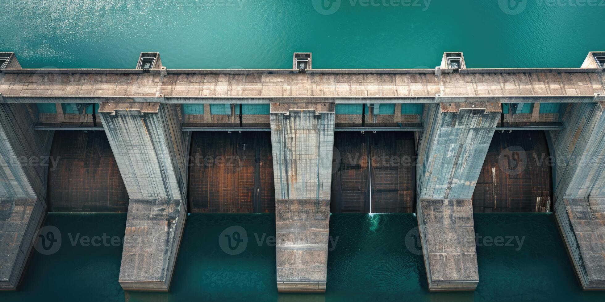AI generated Generative AI, hydroelectric dam utilizing the flow of water to produce sustainable energy, aerial drone view, photo