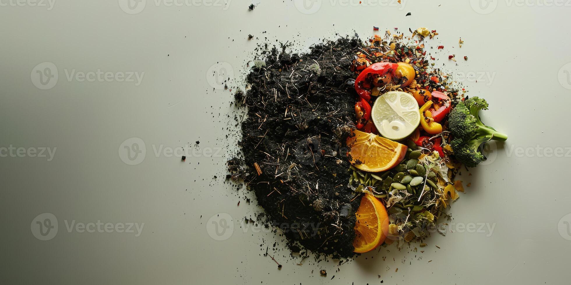 AI generated Generative AI, half of food waste compost and half of soil, environmental background, biodegradable kitchen waste, composting organic food photo