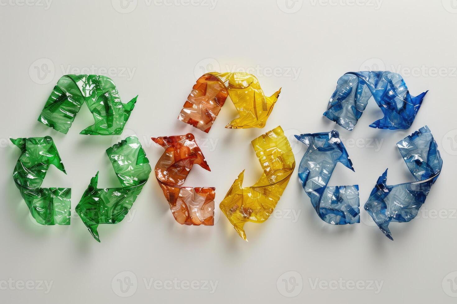 AI generated Generative AI, A recycling logo sign made of crumpled plastic bottles, zero waste, reuse concept with copy space photo
