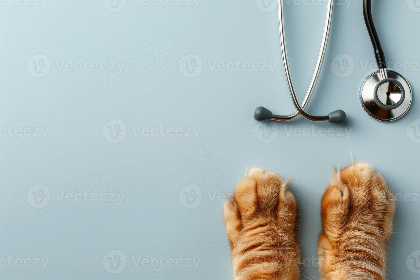 AI generated Generative AI, Cat paws and stethoscope isolated on blue background. Banner with copy space for vet clinic. Pet health care concept photo
