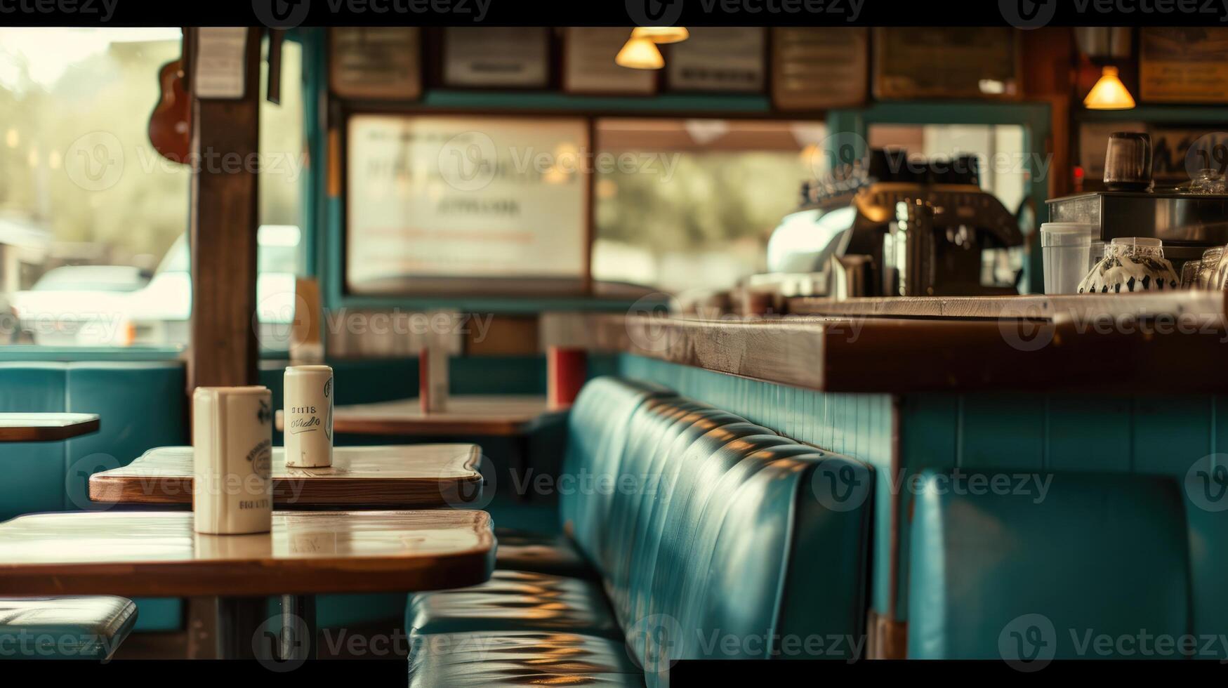 AI generated Generative AI, Vintage photo of American cafe 50s, retro interior design