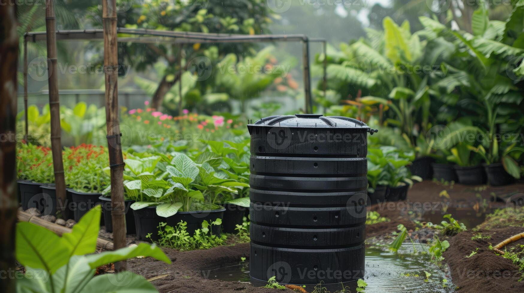 ai generado generativo ai, agua de lluvia cosecha sistema en el jardín con barril, ecológico reutilizando agua concepto foto