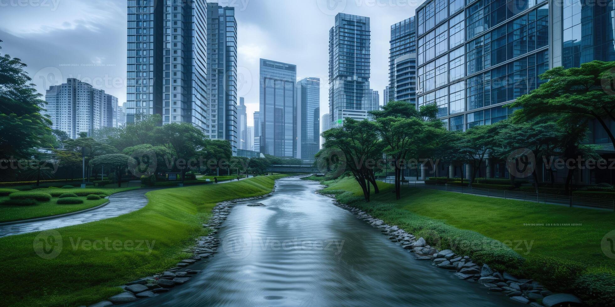 ai generado generativo ai, verde parque cerca Alto edificios, urbano paisaje, verde espacios, sostenible viviendo, Respetuoso del medio ambiente, horizonte foto