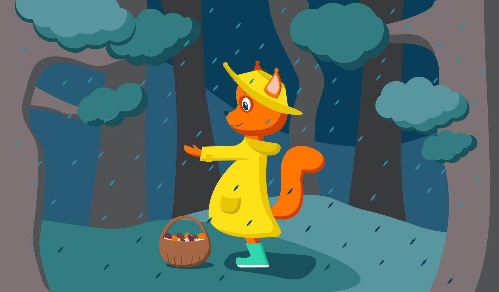 Illustration of a squirrel in a yellow coat in the forest in the rain. The squirrel held out its paw to the raindrops. Picking mushrooms in a basket. The character stands out vector