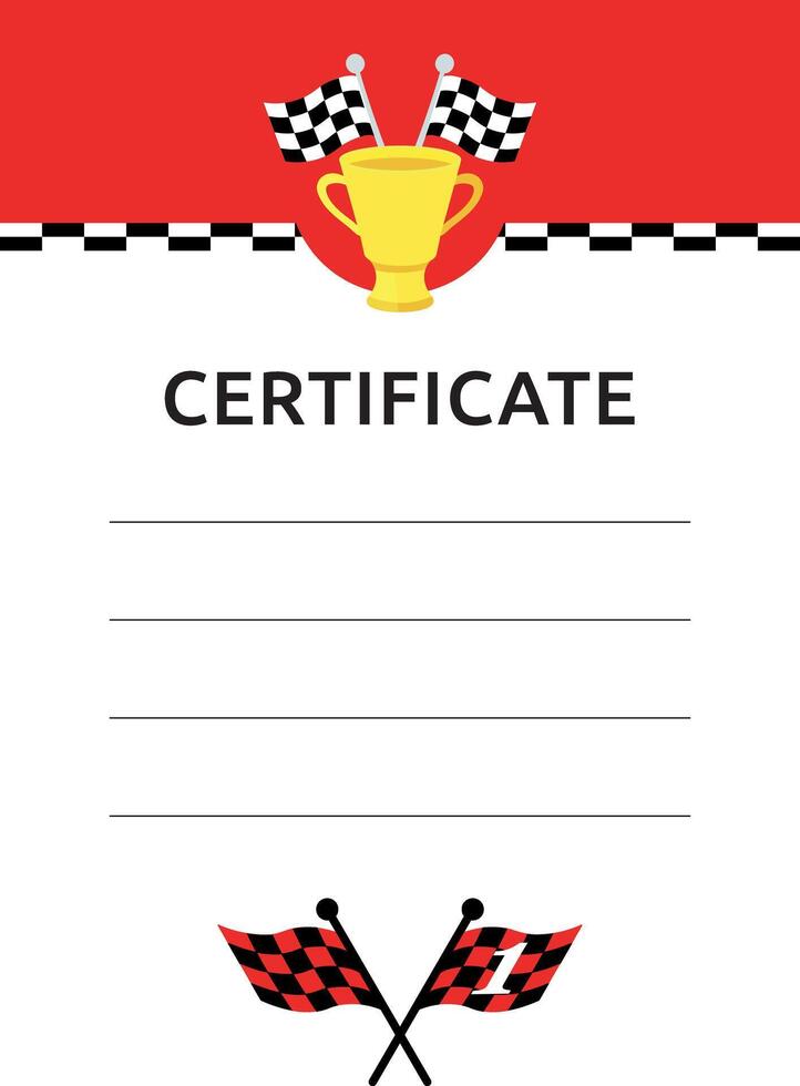 Victory or graduation certificate template for sports car or kart racer. Winner's golden cup, checkered flags, finish line. Vector illustration