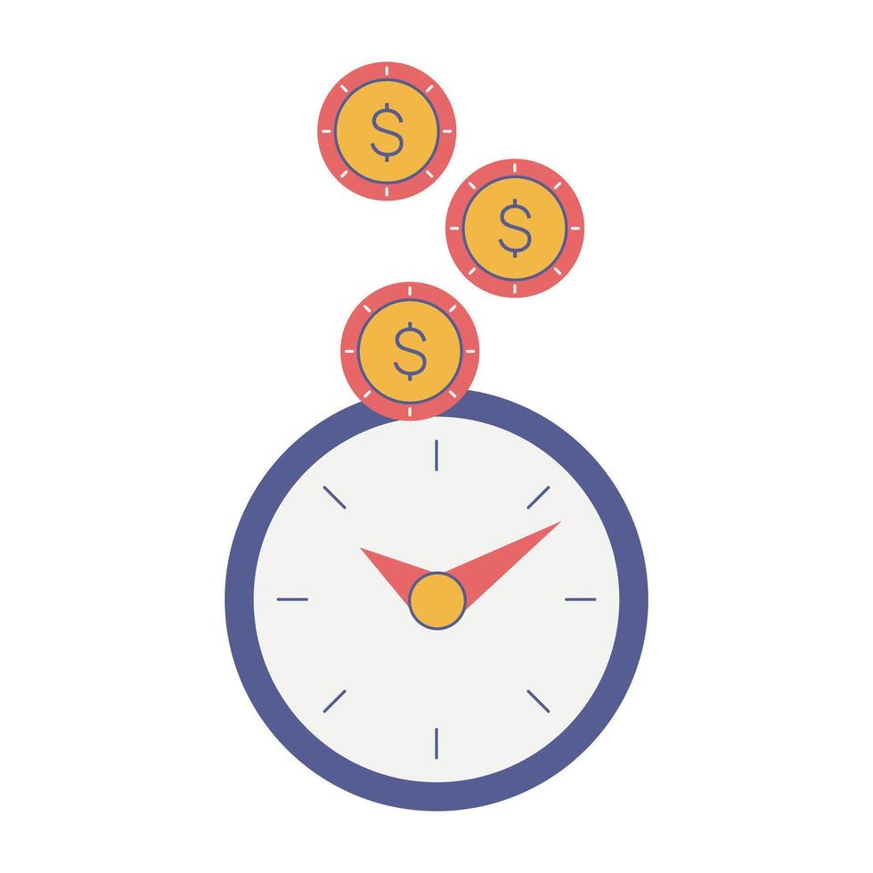 relojes y monedas citar hora es dinero. reloj manos y dólar divisa, centavos finanzas, ciencias económicas y negocio. ilustración, plano diseño. aislado elementos. vector