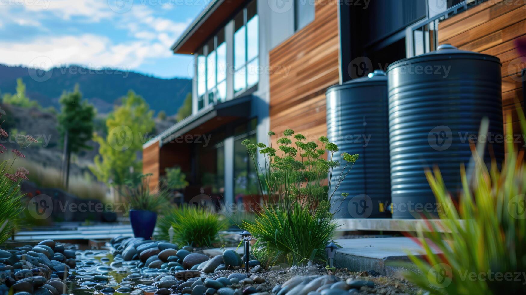 ai generado generativo ai, agua de lluvia cosecha sistema en el jardín con barril, ecológico reutilizando agua concepto foto