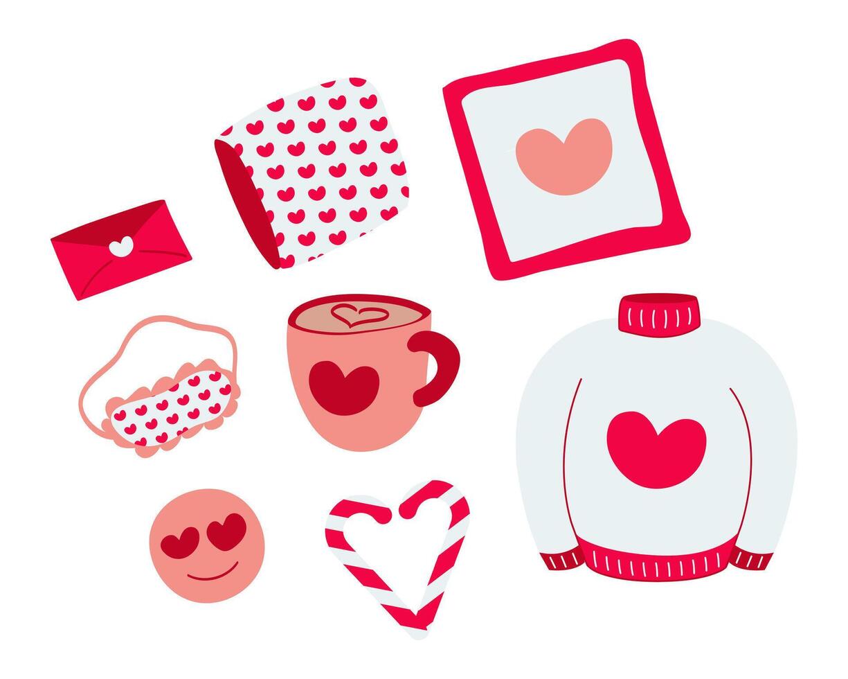 colección de objetos para el fiesta San Valentín día, febrero 14 amor carta, imagen, calentar suéter, emoticono almohada y ojo mascarilla. un taza y un pirulí caña. amar, corazón forma. vector