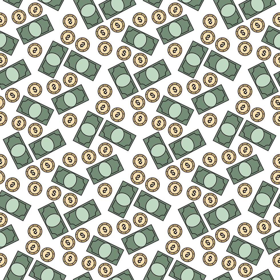 Money pattern. Dollar Bills and Coins. Banknotes, cash. Finance and Economics. Dollar symbol. Seamless pattern on a white background. Wrapping. Vector illustration