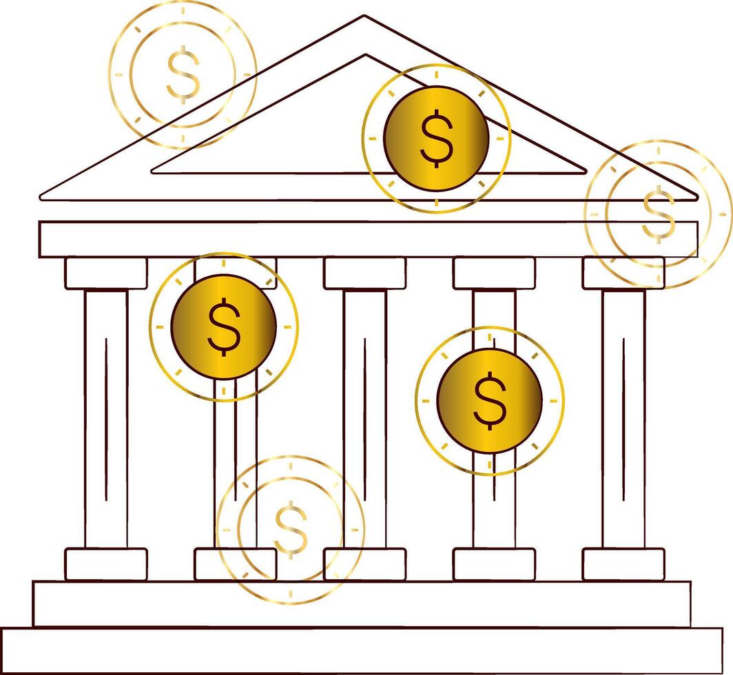 Bank building and coins. Outline Greek Temple - bank symbol. Golden Gradient Coin with Dollar Currency Symbol. Finance and Economics. isolated object. Vector illustration