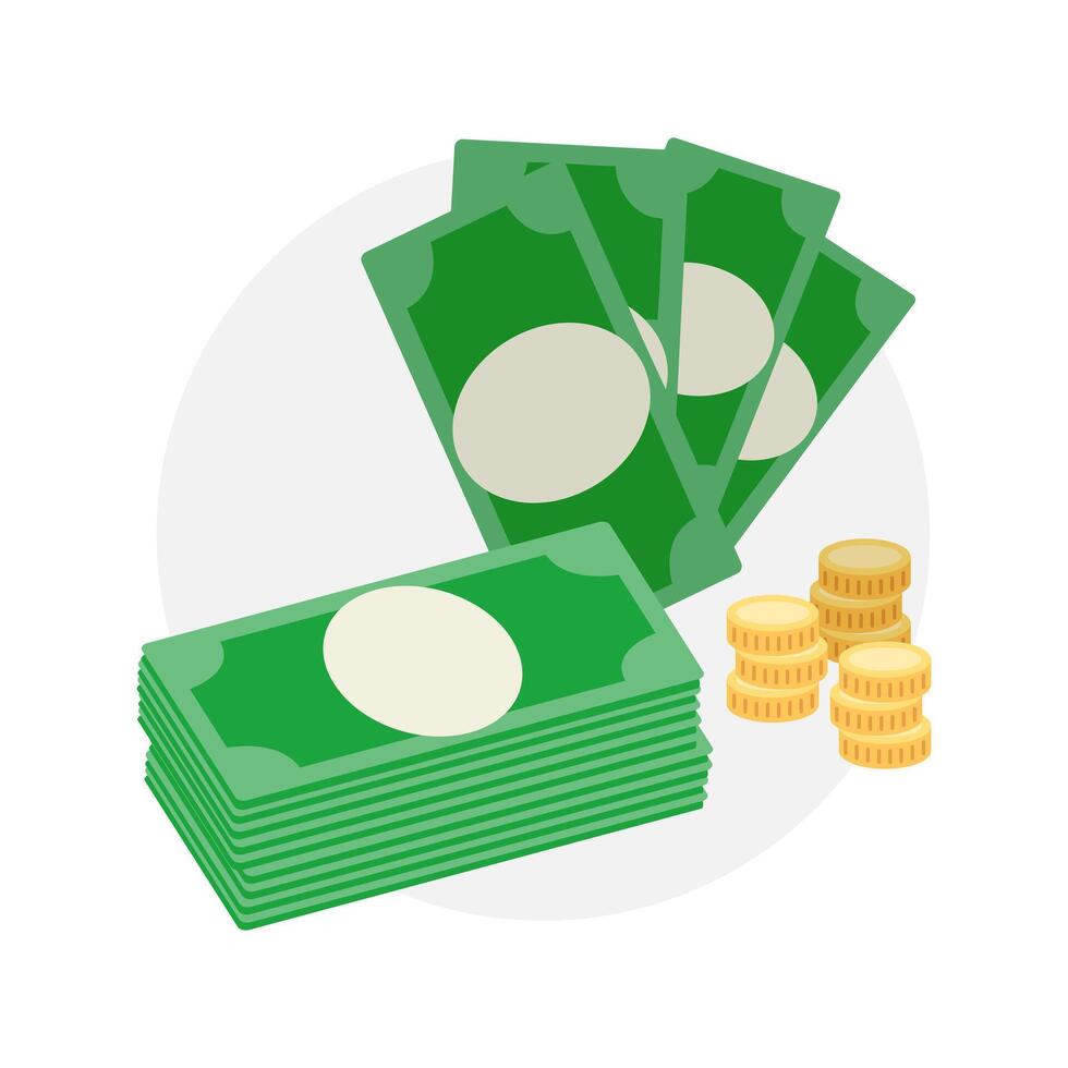 Dollar banknotes and a stack of gold coins. Illustration of money, currency, payment. Abundance, wealth and salary. Bank, deposit, account and loan. Theme of finance, economics. Vector illustration.