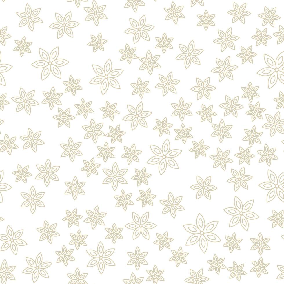 Seamless pattern of contour gold snowflakes on a white background. Chaotic falling snowflakes. Light simple winter pattern. Vector illustration