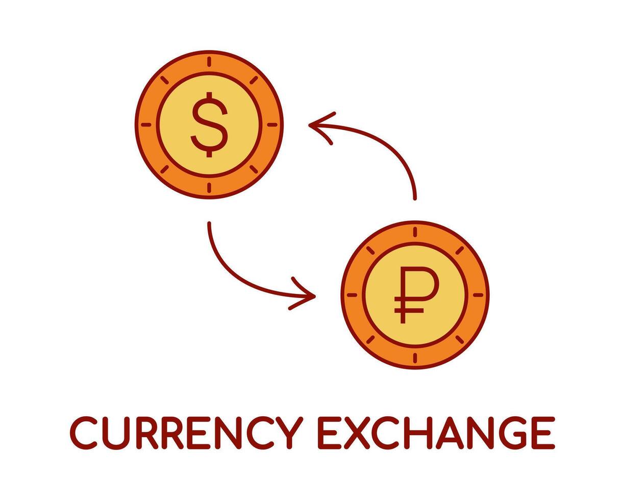 Converting Dollar to Ruble. Coins with arrows in a circle. Text Currency Exchange. Money, economy, finance, bank. Isolated outline icon, flat style. Vector illustration.