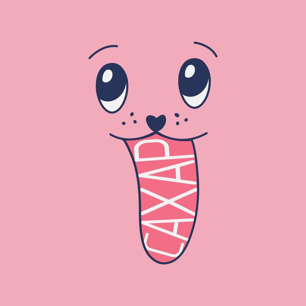 Muzzle that sticks out its tongue on a one-color pink background. The language is written in Russian Sugar. Lovely eyes, long tongue. The character shows the tongue. Retro style. Vector illustration.