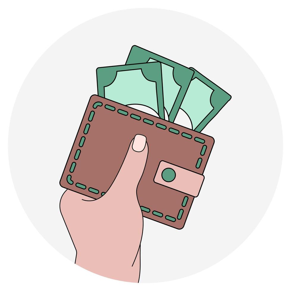 el mano sostiene un billetera con dinero. dólar cuentas en cuero cartera. personal finanzas. salario y ahorros. premio. encontró billetera con dinero en efectivo. vector ilustración