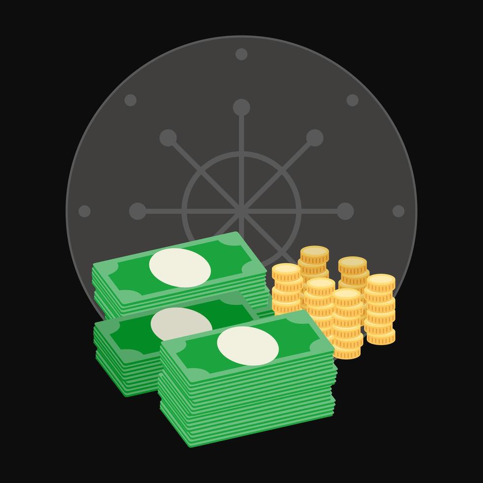 Dollar banknotes and a stack of gold coins in a safe. Inside view. Money saving illustration. Abundance and wealth. Bank, deposit and account. Theme of finance, economics. Vector illustration.