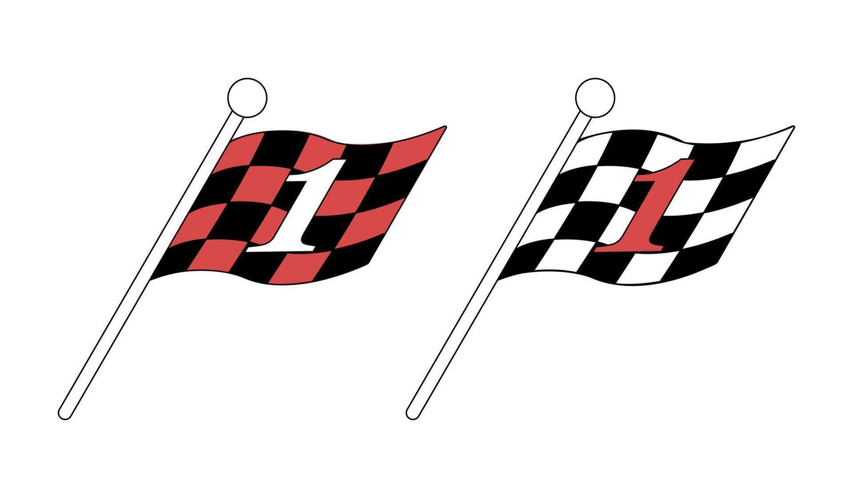 Black and white and black and red checkered flag with the number one. The flag develops at an angle. First number, finish. isolated items. Vector illustration