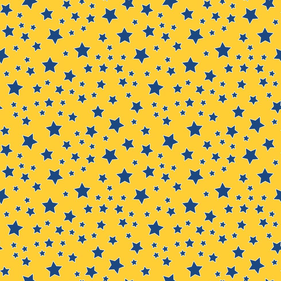 Seamless pattern of blue stars on a yellow background. Children bright pattern. Contrasting star pattern for wrapping paper. Vector illustration