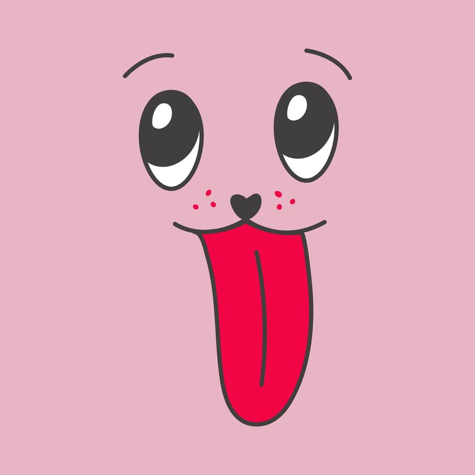 A muzzle that sticks out a red tongue on a one-color pink background. Lovely eyes, long tongue. The character shows the tongue. Retro style. Vector illustration.