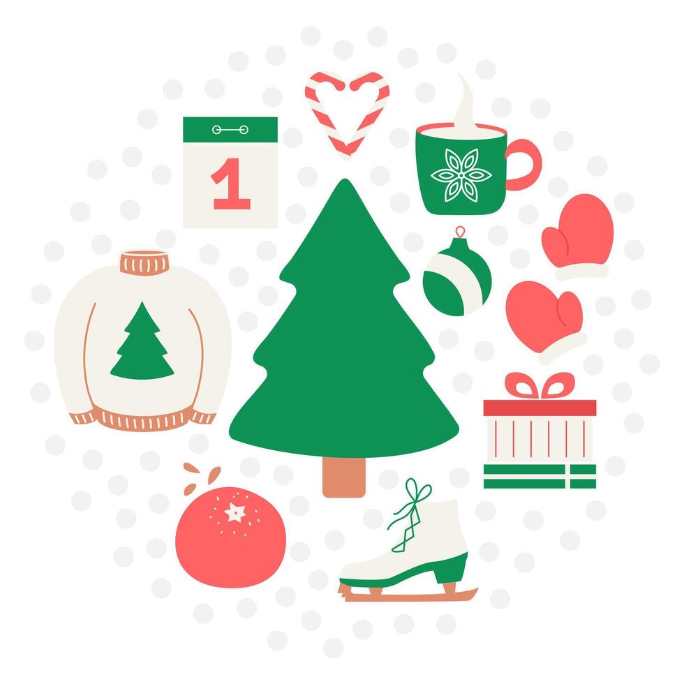 Set of winter and cozy objects. Christmas tree, decorations and gifts. Gloves and sweater. Candy cane in the form of a heart and a tangerine. Skate. Warm drink. Vector illustration