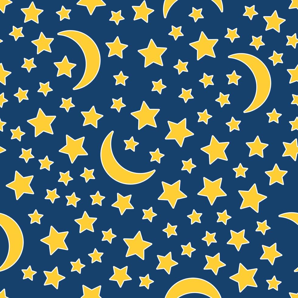 Seamless pattern of crescent and stars on a dark background. Night starry sky. Bright baby image for sleep. Vector illustration.