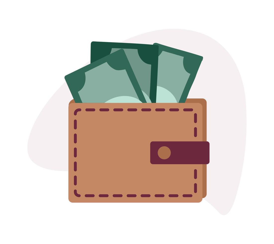 billetera con dinero. marrón cuero bolso con dólar Billetes moneda almacenamiento. personal finanzas. aislado cartera. el concepto de finanzas, economía. plano estilo ilustración. vector