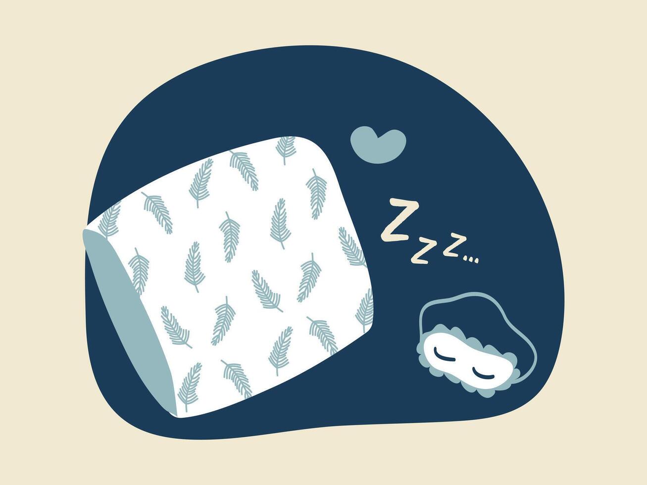 Sleep and rest illustration. White pillow with feather patterns, sleep mask on a blue background. Sleep sound and heart. Vector illustration