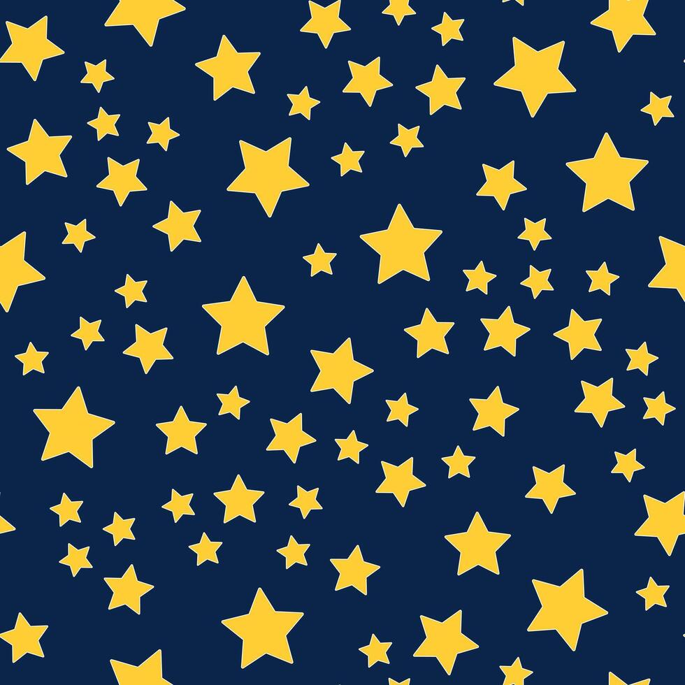 Seamless pattern of yellow stars on a dark background. Space pattern for wrapping paper. Five-pointed stars are randomly arranged. Vector illustration.