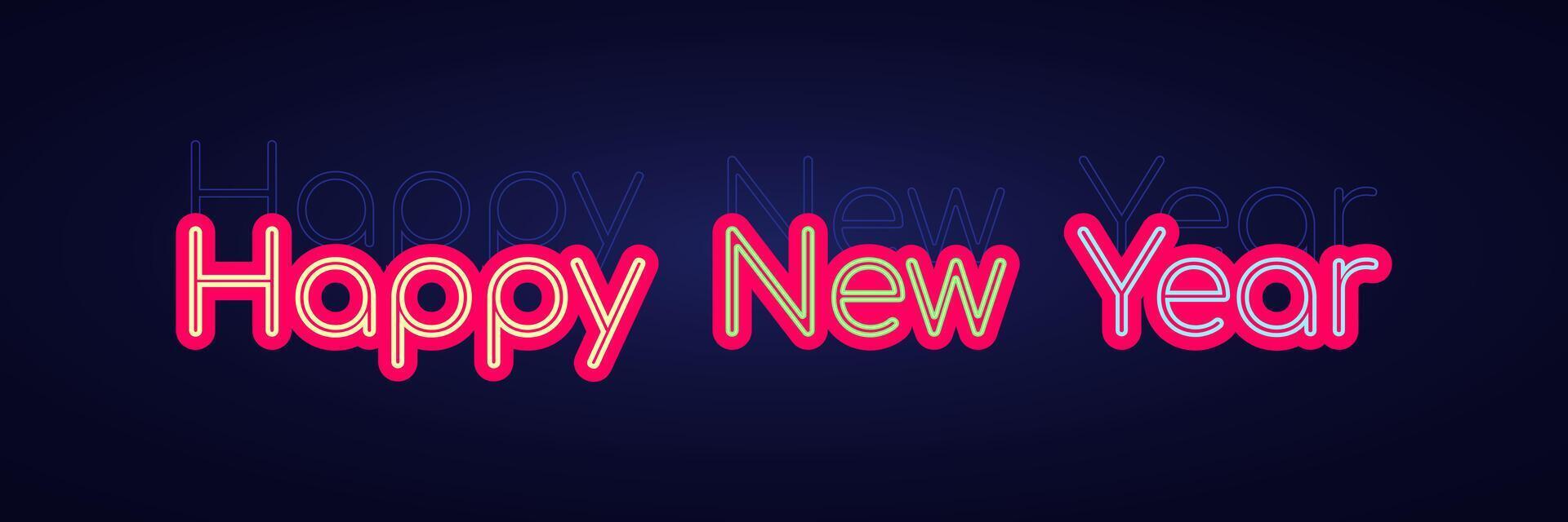 Bright color text Happy New Year on a dark background. Isolated congratulations on the holiday. Bright pink lining. Stroke text. Vector illustration.