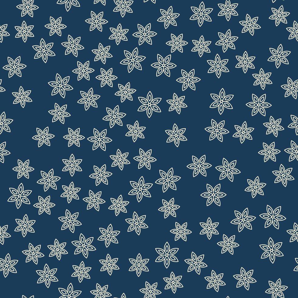 A seamless pattern of gold snowflakes falling on a dark blue background. Winter pattern. A chaotic fall. Snowflake outline icon. Vector illustration