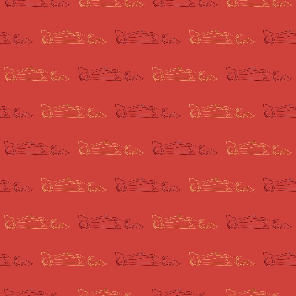 Seamless pattern of Formula 1 contour racing car on a red background. Sports red and yellow cars in a row. Male or childish pattern. Side view. Vector illustration.