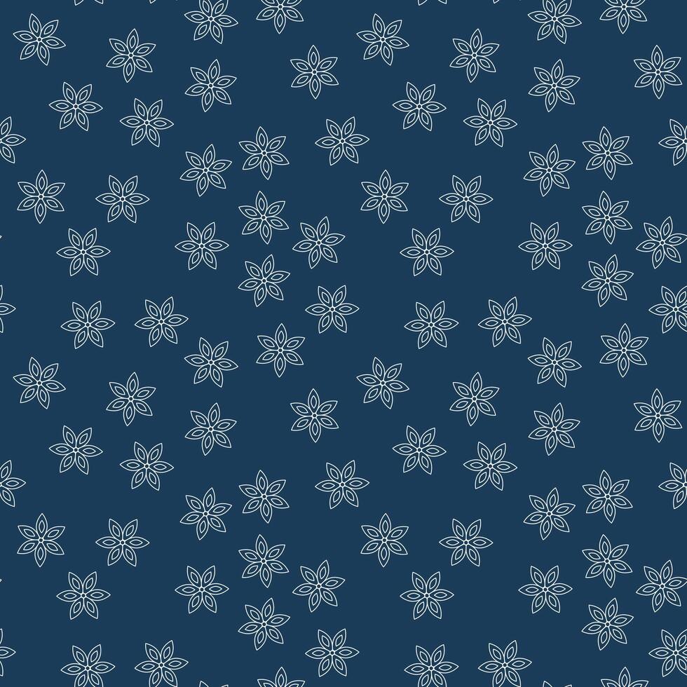 A seamless pattern of snowflakes falling on a dark blue background. Winter pattern. A chaotic fall. Snowflake outline icon. Vector illustration