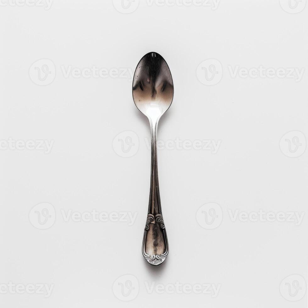 AI generated minimalistic style silver spoon on white background top view photo