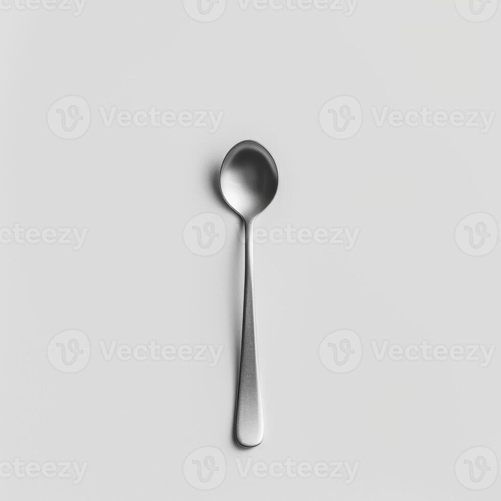 AI generated minimalistic style silver spoon on white background top view photo