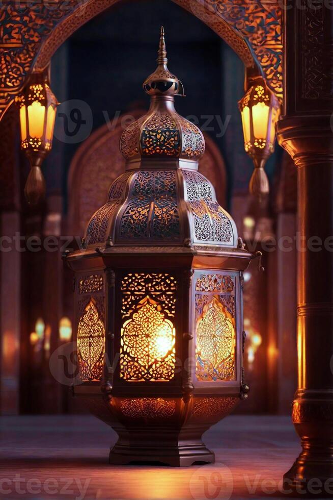 AI generated Generative AI Image of Mosque Islamic Lanterns with Burning Candle photo