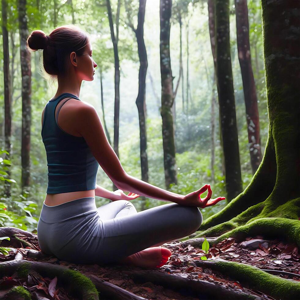 AI generated Young woman meditating in the park photo