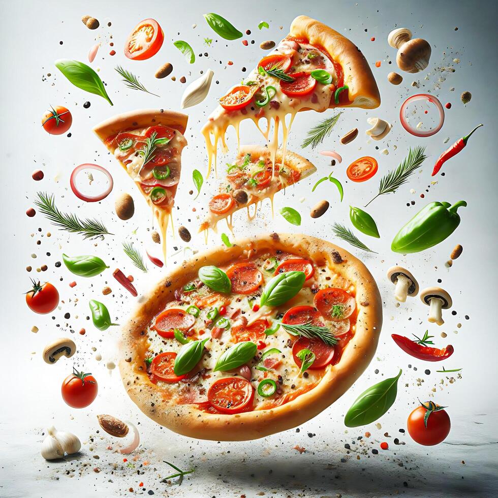 AI generated flying slice of margherita pizza with tomatoes and basil photo