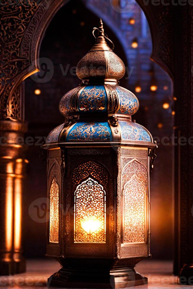 AI generated Generative AI Image of Mosque Islamic Lanterns with Burning Candle photo