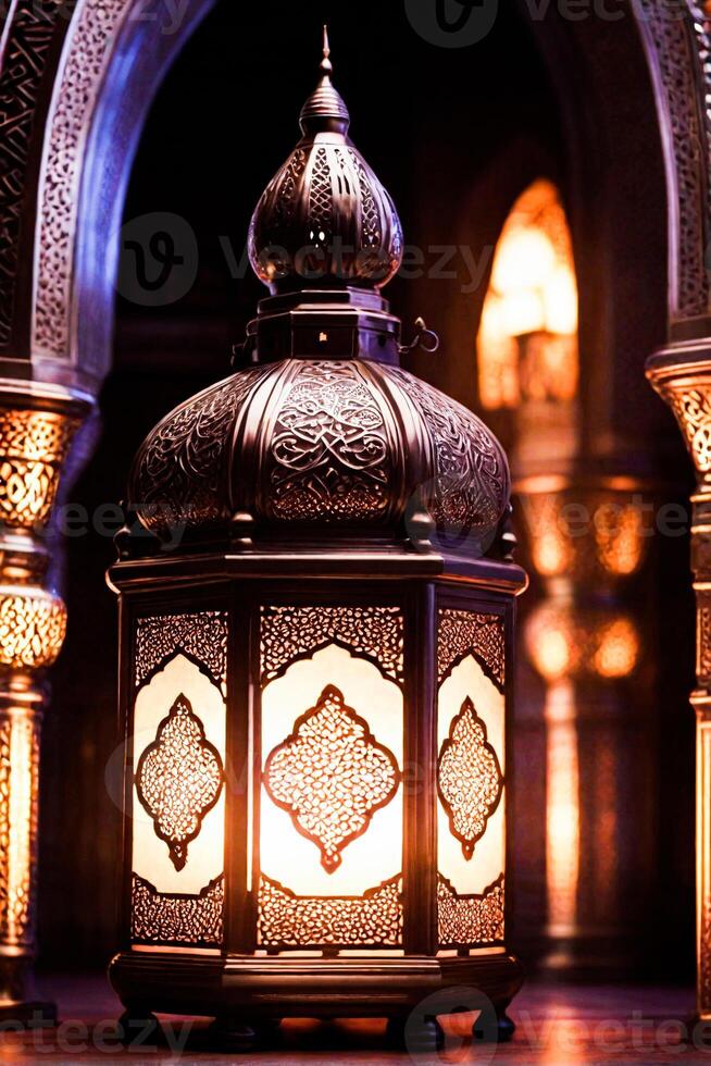 AI generated Generative AI Image of Mosque Islamic Lanterns with Burning Candle photo