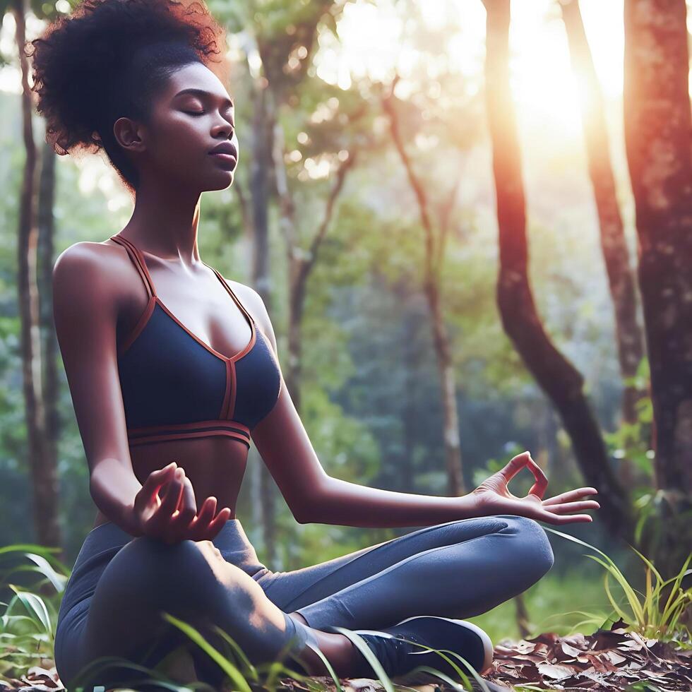 AI generated Young woman meditating in the park photo